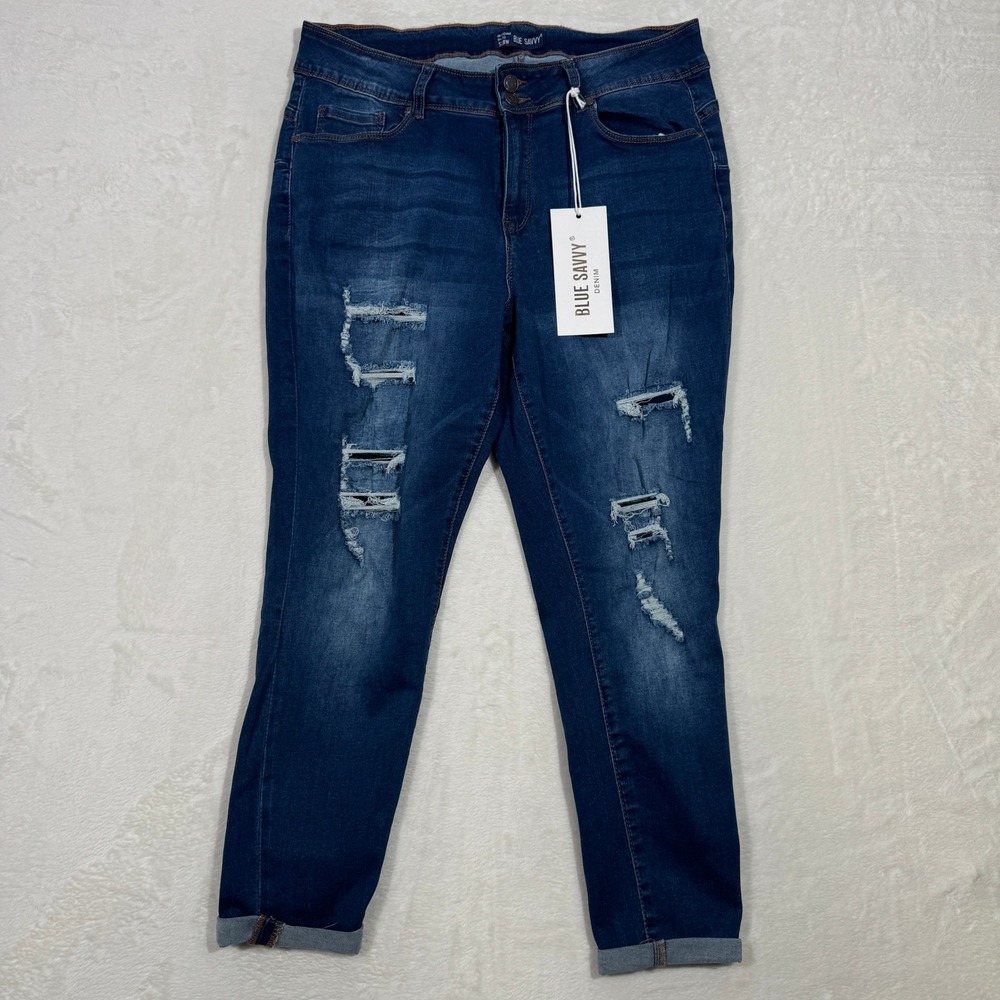 Blue Savvy Jeans Womens 18W Blue Distressed Skinny Mid Rise Shredded Denim